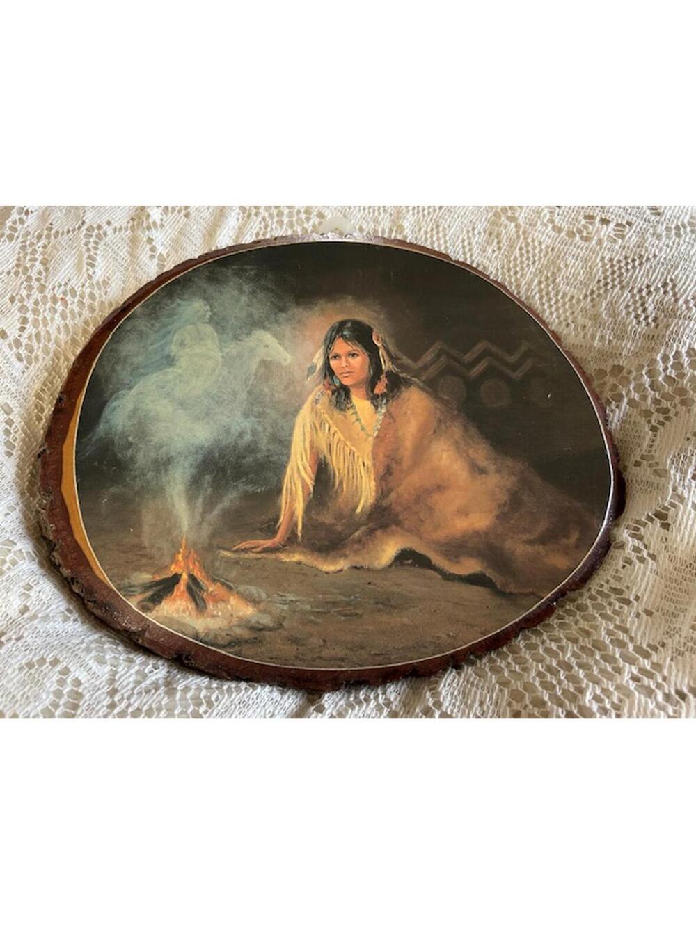 Vintage Native American Woman Art on Wood Slice Wall Hanging